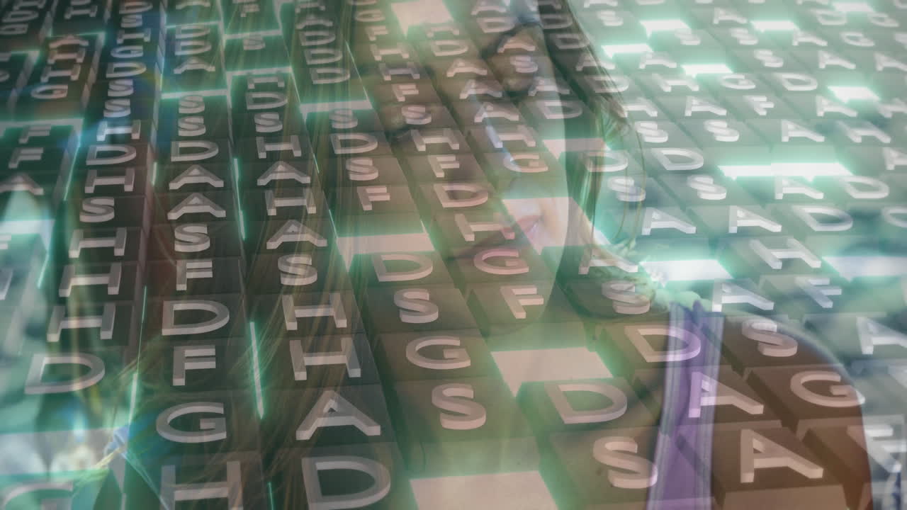 Animation of letters and numbers forming grid pattern with translucent overlay