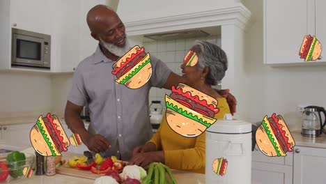 animación de hamburguesas sobre una feliz pareja de ancianos afroamericanos preparando comida en casa