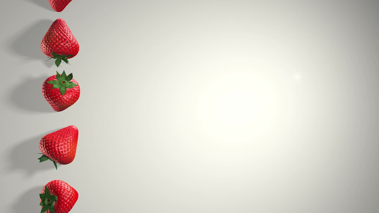 3d animación de fresas. fresas frescas con hojas verdes sobre un fondo blanco. frutas dulces. el concepto de un estilo de vida saludable y nutrición en general. girar las fresas. sombra.