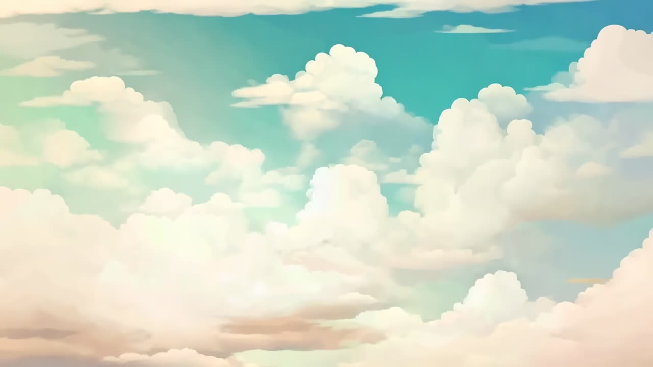 A serene, pastel-colored sky with fluffy clouds viewed from a low angle, evoking a dreamy, cinematic
