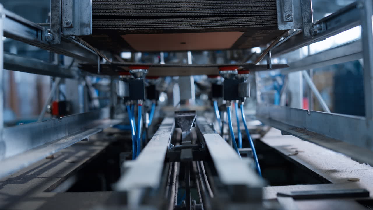 Cardboard box conveyor working in warehouse production facility packing closeup