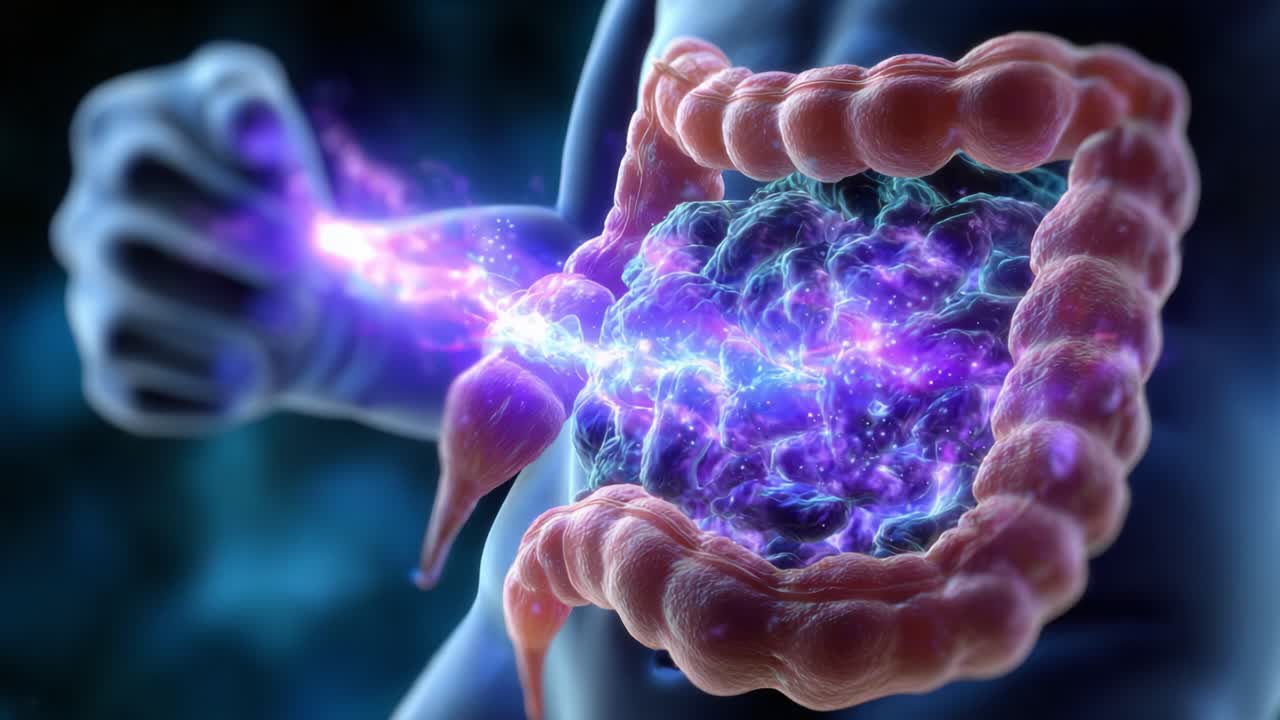 Un'intrigante esplorazione del sistema digestivo umano, che rappresenta visivamente la connessione tra la salute intestinale e il flusso di energia in una straordinaria illustrazione surreale.