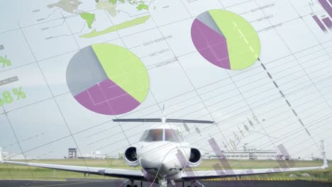 animation of statistical data processing against airplane at an airport