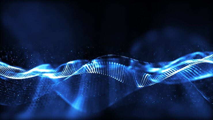Blue digital particles wave flow with bokeh abstract motion background concept. Seamless Loop table