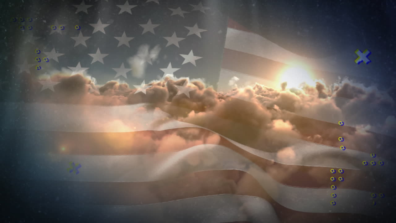 Animation of markers and data processing over american flag