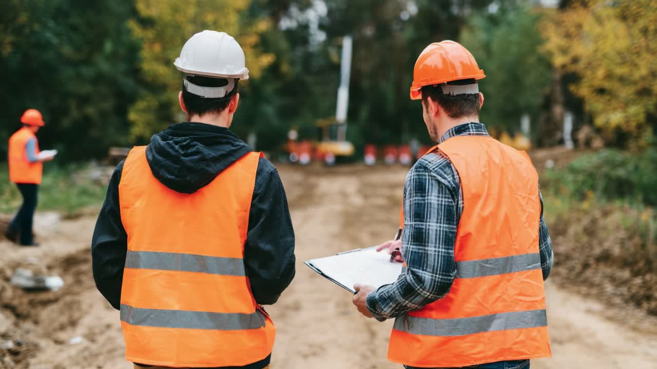 Construction Workers Analyzing Site Conditions: A Detailed Assessment of Project Progress and Safety Measures in an Outdoor Environment