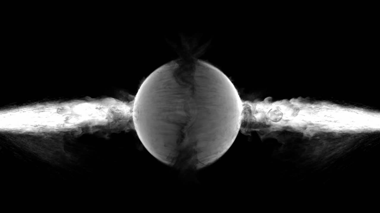 Two white fireballs collide to create a central sphere of fire on black background. For intros, logos, or abstract energy concepts