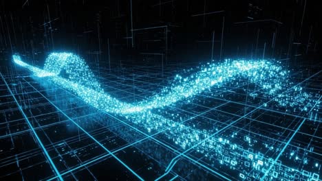 a stunning visualization of data waves in a digital grid environment, showcasing an elegantly flowing curve of light and binary elements against a dark background