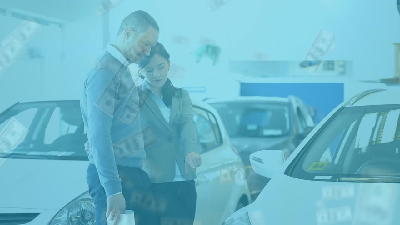 animación de billetes de dólar sobre diversas personas de negocios