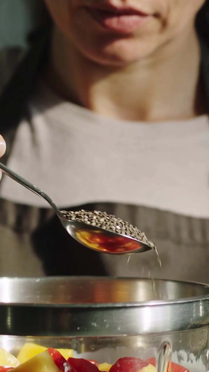 Video verticale: Donna in grembiule in cucina che solleva con un cucchiaio e setaccia semi con un setaccio per guarnire una ciotola di frutta.