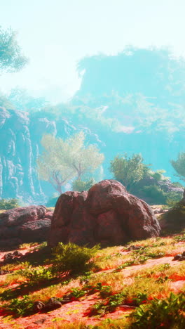 paisaje tranquilo con montañas y campos verdes exuberantes