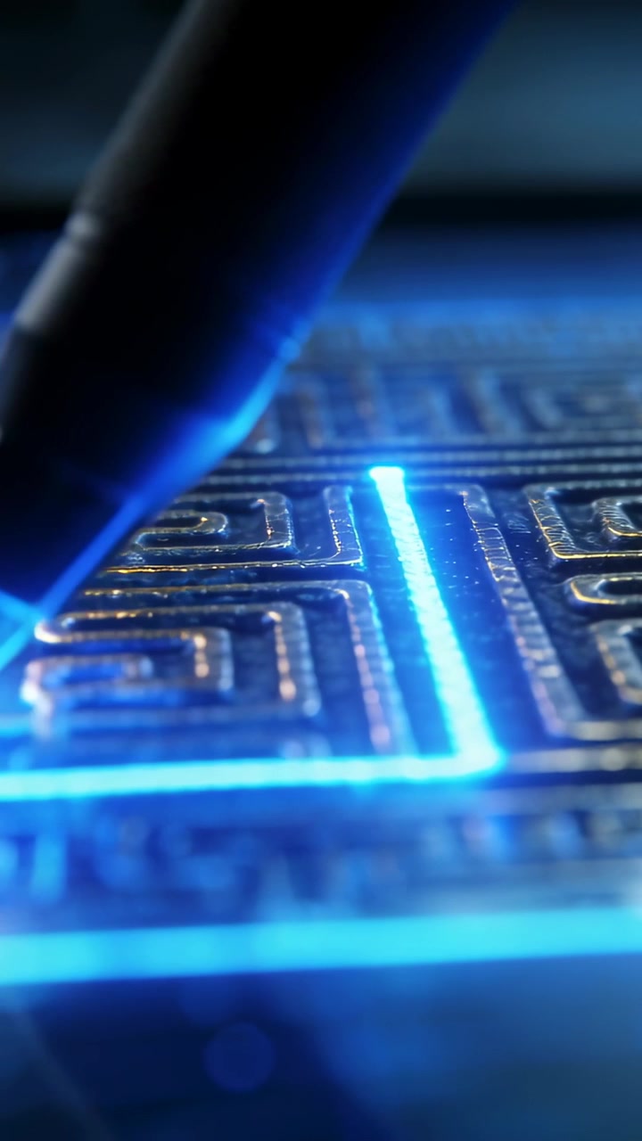 Vertical video: Approaching fine stylus tracing board channels at bench, creating blue circuit path