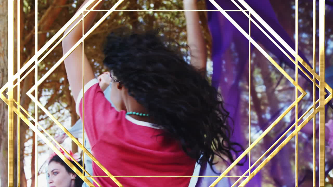 Dancing joyfully outdoors, people with animation of geometric patterns overlay