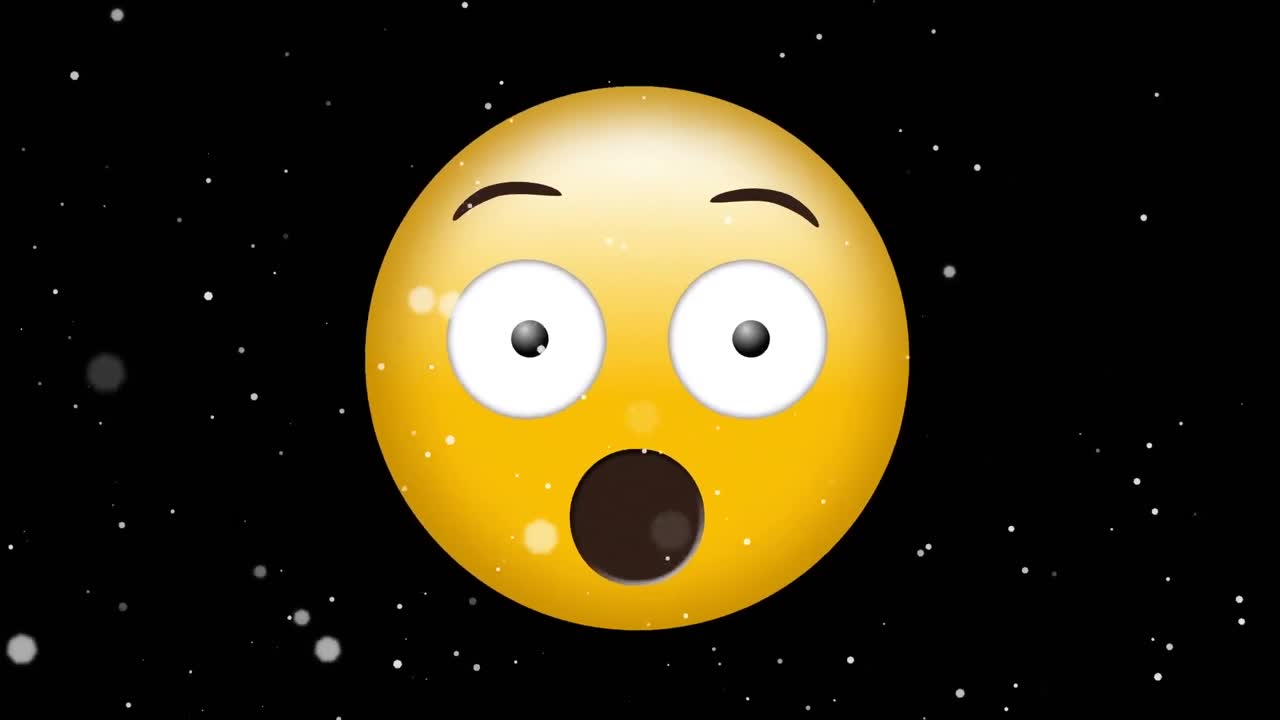 animación digital de manchas blancas flotando sobre emoji de cara sorprendida contra un fondo negro