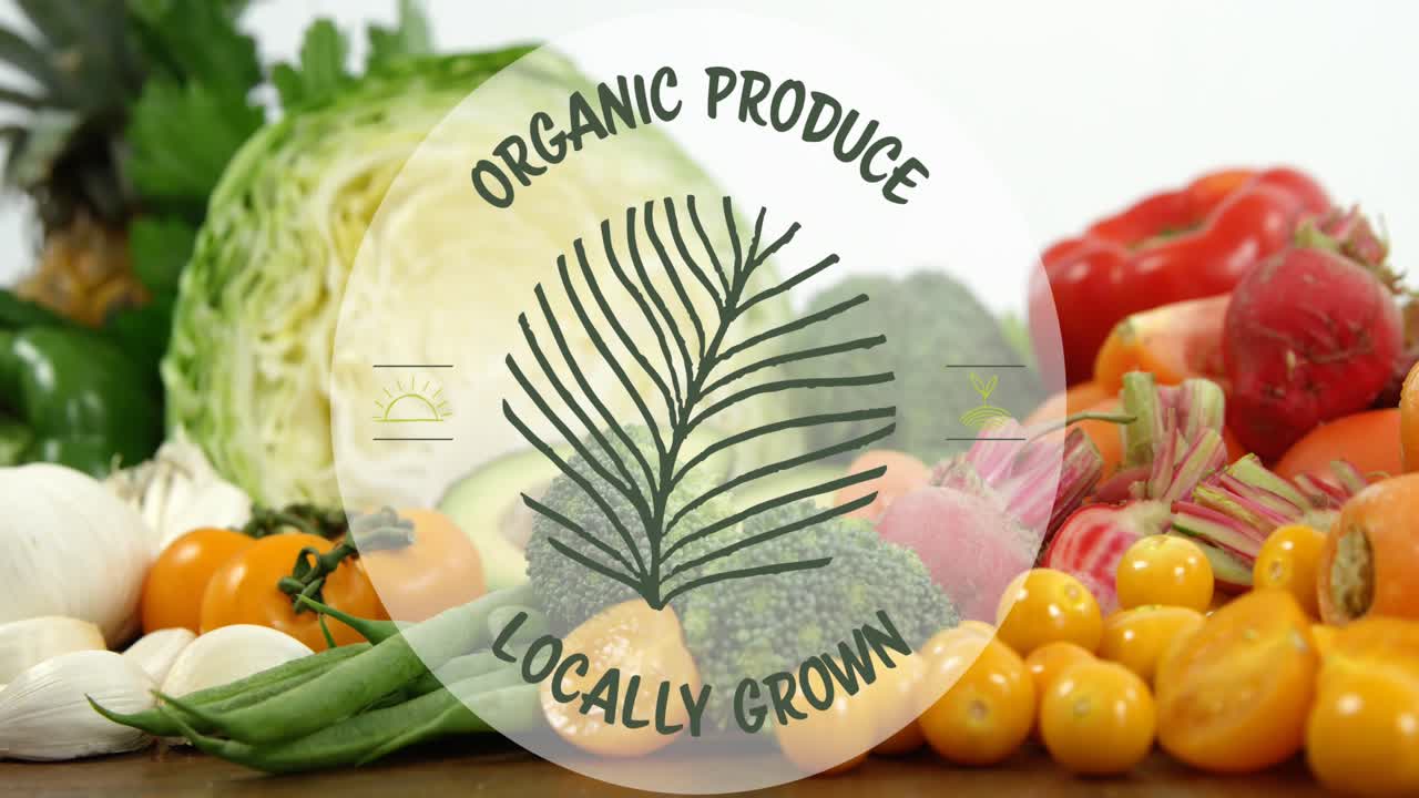 Animación de texto vegano sobre frutas y verduras frescas