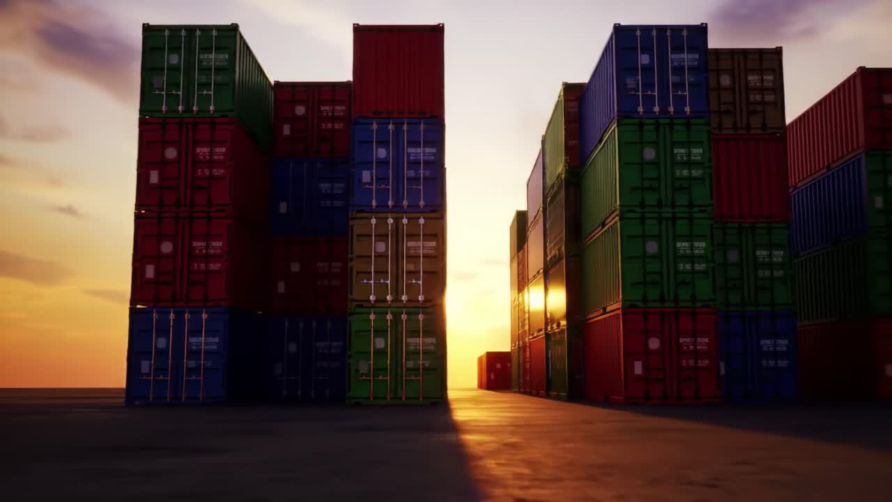 Sunset View of Stacked Shipping Containers in a Transport Yard, Highlighting Colors and Patterns, as the Day Transitions to Evening with Warm Light Filtering Through