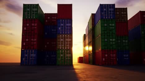 sunset view of stacked shipping containers in a transport yard, highlighting colors and patterns, as the day transitions to evening with warm light filtering through