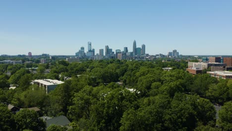 Long-Establishing-Flight-Towards-Charlotte,-North-Carolina-Skyline-on-Beautiful-Clear-Day