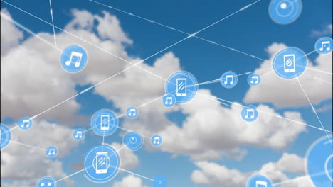 animación de la red de conexiones con iconos sobre el cielo con nubes