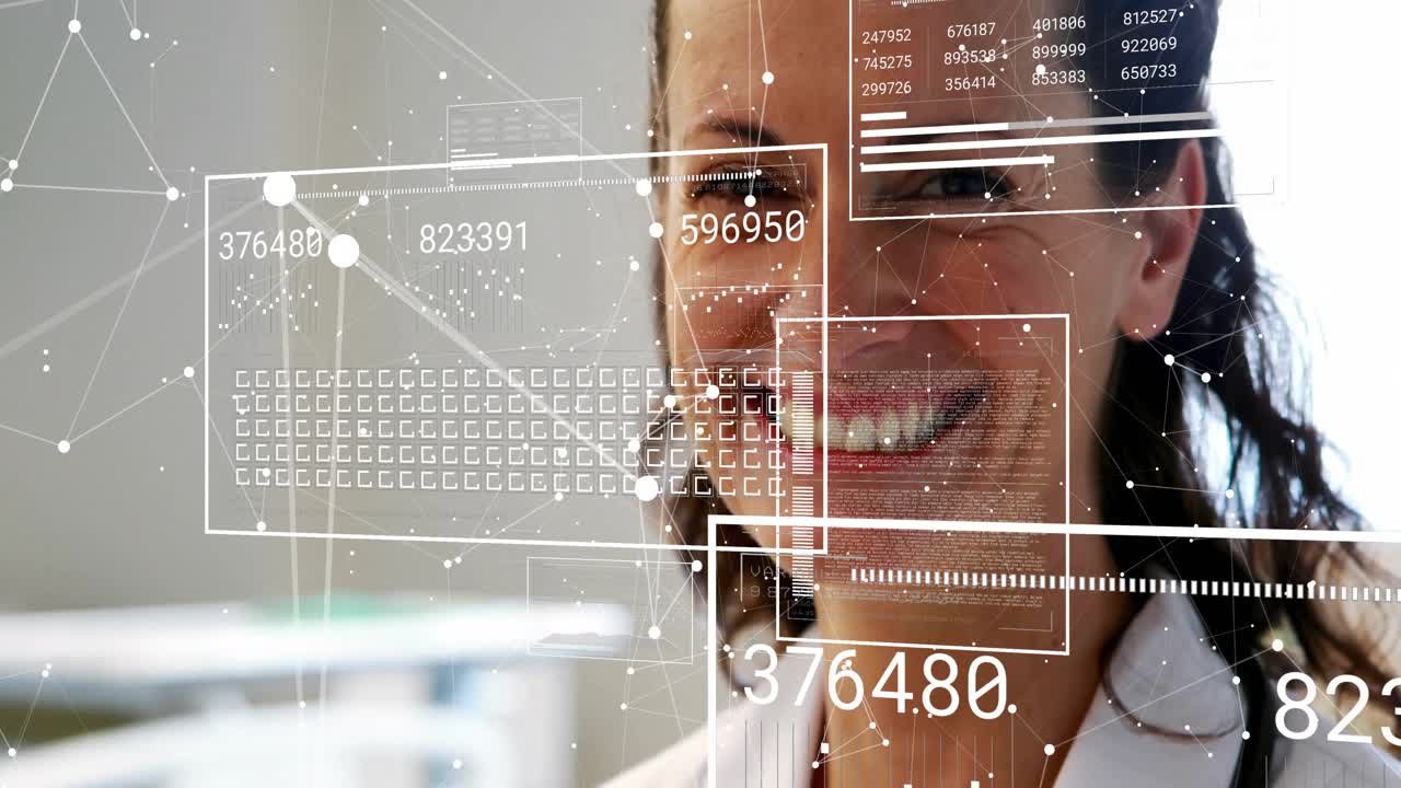 female doctor reviewing data using stethoscope in clinic, with floating charts and network nodes
