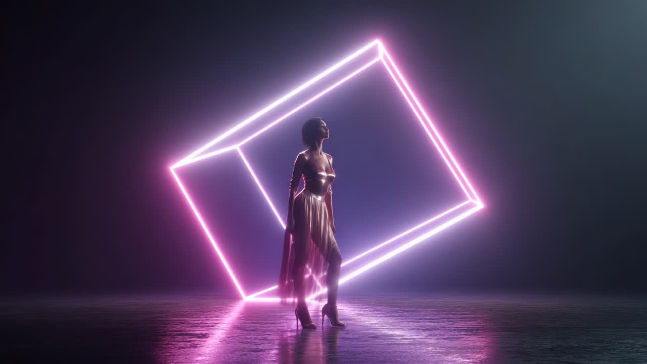 Woman in Silhouette with Neon Cube