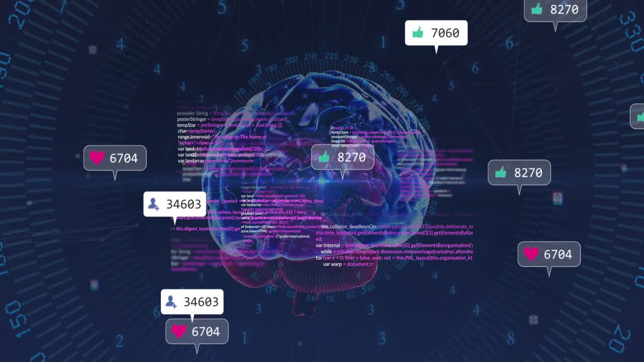 animación de iconos de redes sociales y procesamiento de datos sobre el icono del cerebro humano en fondo azul