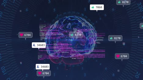 animation of social media icons and data processing over human brain icon on blue background