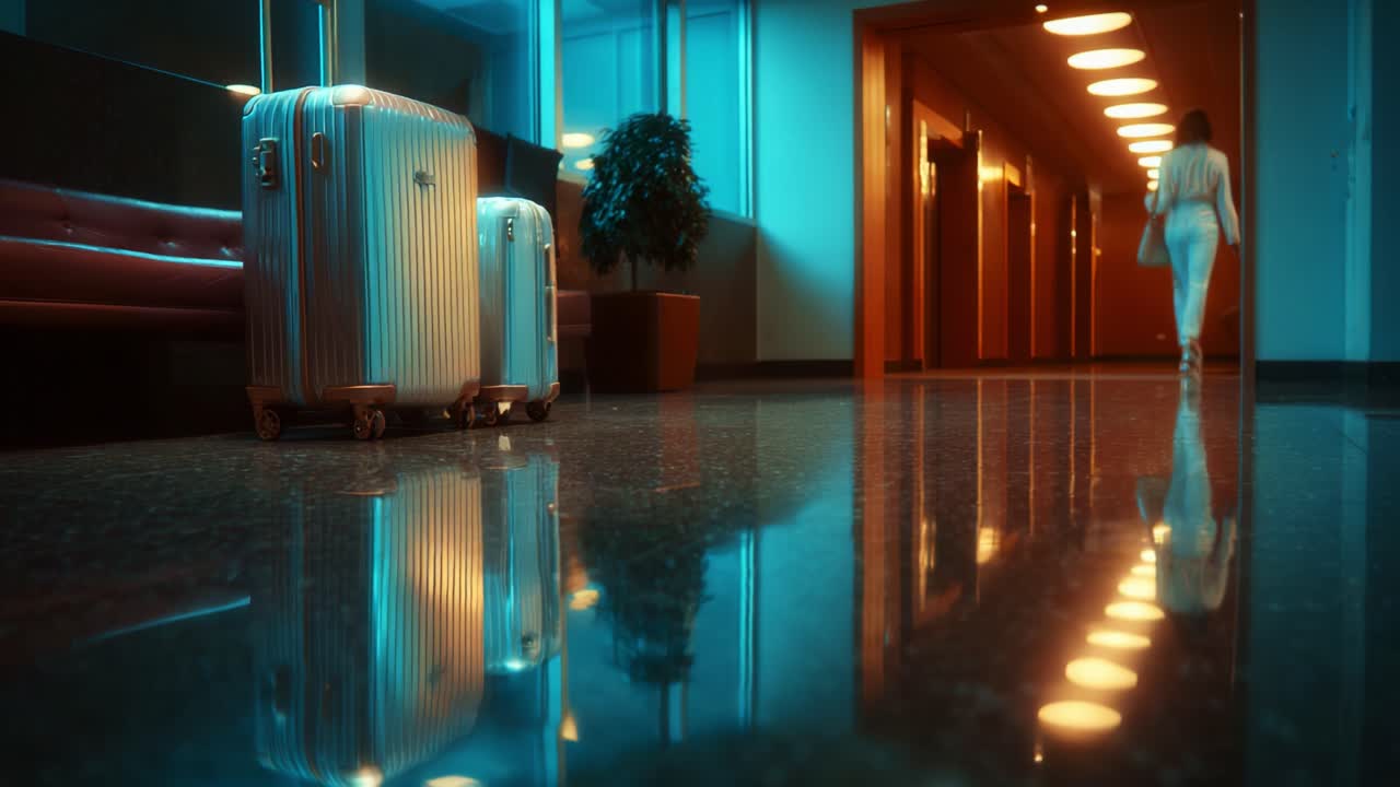 A traveler walks away in a dimly lit corridor filled with an ambient blue glow, showcasing reflections of suitcases on the polished floor as they head towards an unknown destination amidst modern architecture