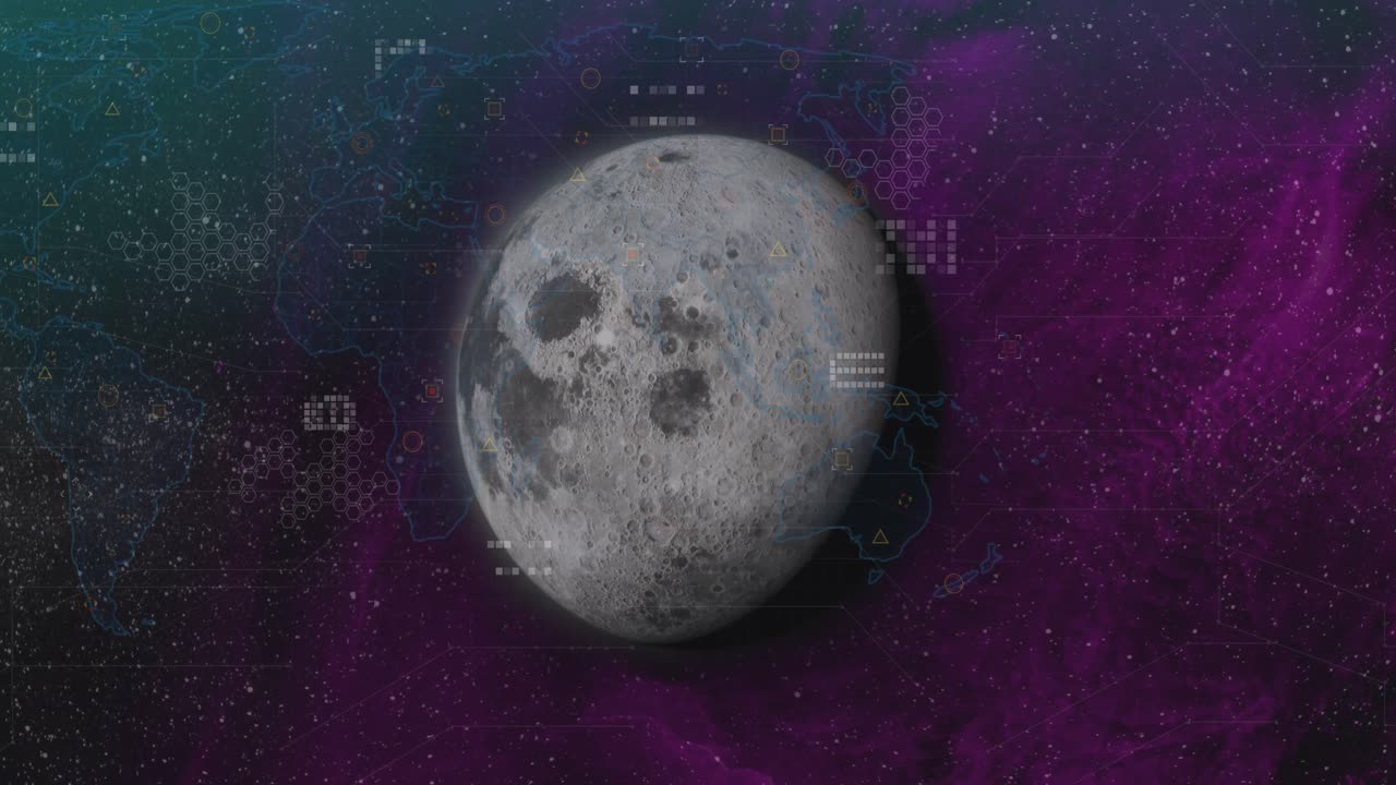 Animation of circuit board pattern over geometric shapes on map against globe