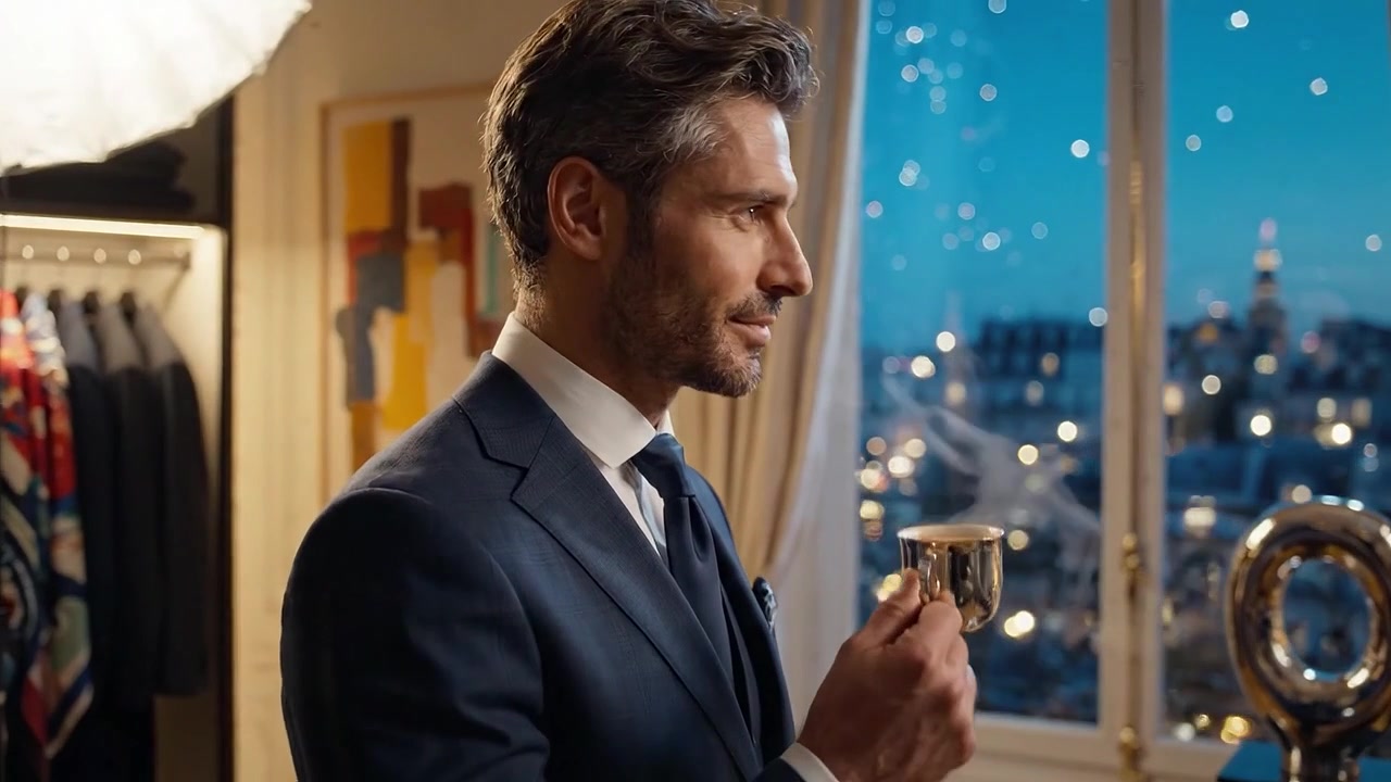 Un hombre sofisticado con atuendo formal se encuentra cerca de prendas de lujo, mostrando elegancia y éxito contra un glamuroso telón de fondo urbano al anochecer