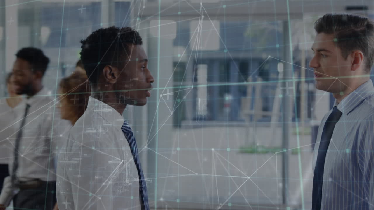 Animation of network of connections over diverse business people in office