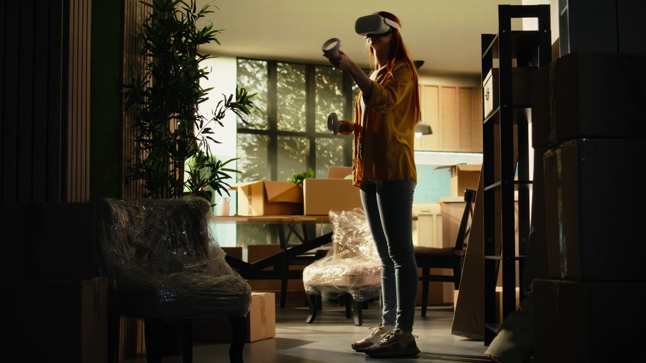 Donna con visore per realtà virtuale in appartamento non arredato