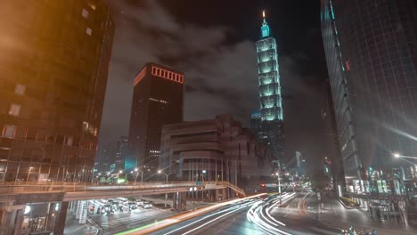 night timelapse of taipei downtown and the 101 tower with busy traffic