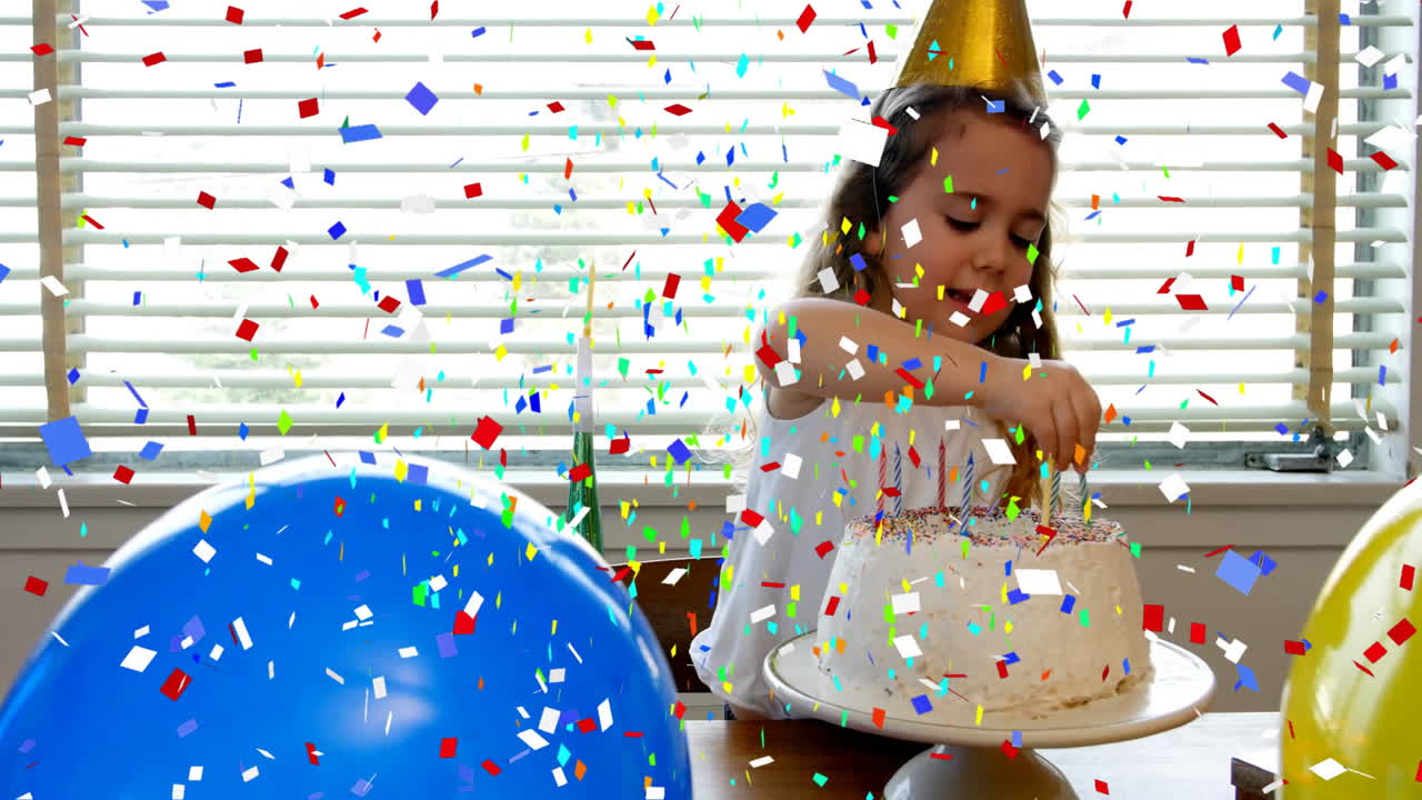 animación de confeti sobre niño celebrando cumpleaños con pastel y globos