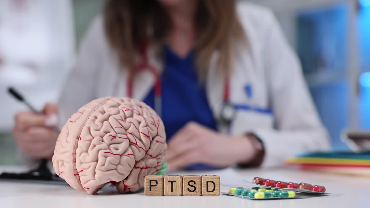Médico com Modelo de Cérebro e Blocos de TEPT em Mesa