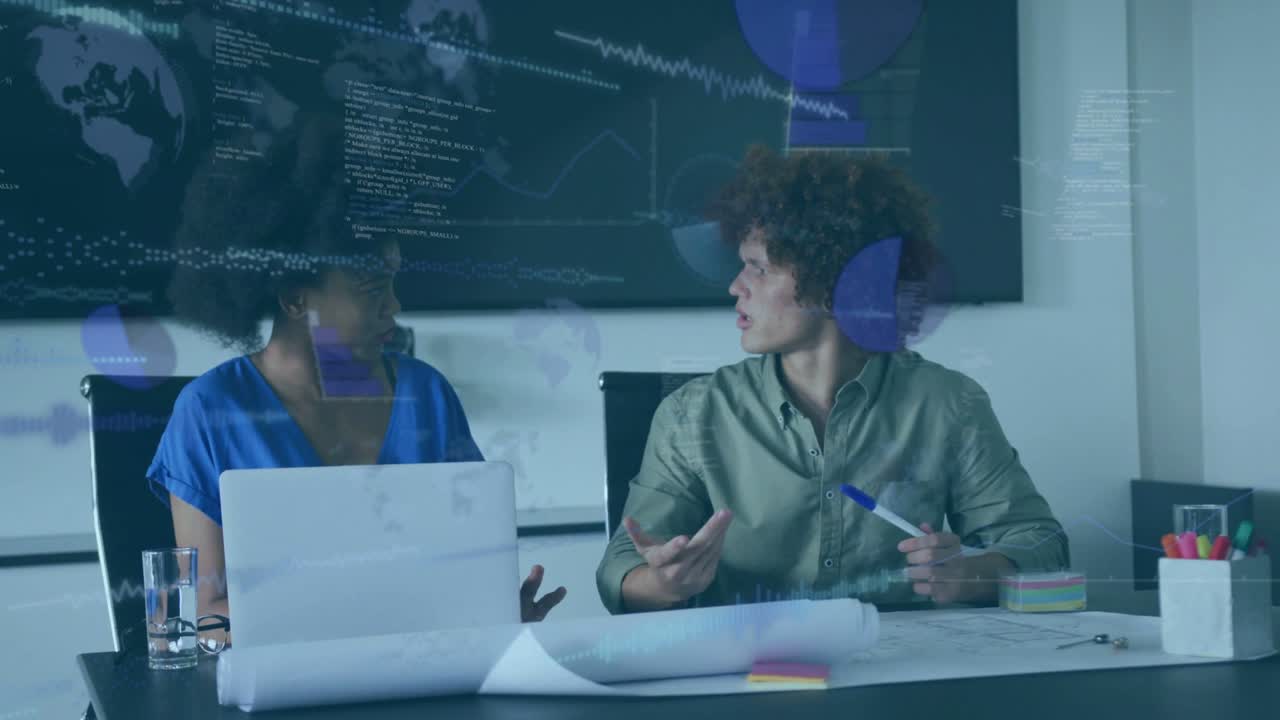 Woman typing on laptop, pointing at plans and causing data overlay, man marking for tech analysis