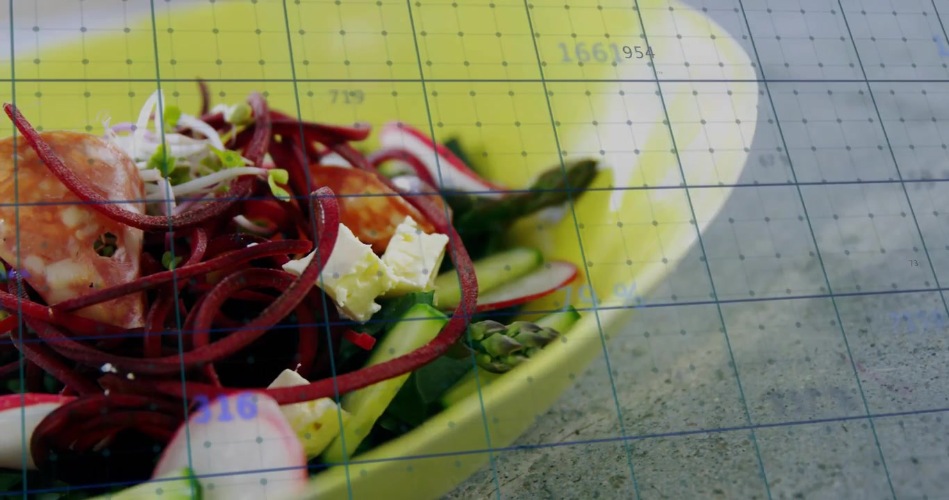 Kamera schwenkt nach links und fährt näher heran, enthüllt eine gelbe Schüssel und Salat mit Gitterüberlagerung für Marketing