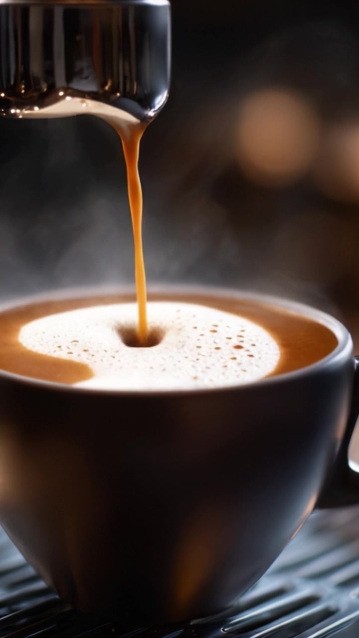 Versamento di caffè aromatico: l'artistico scorrere dell'espresso in una tazza, catturando i colori ricchi, le texture e il vapore che sale dalla bevanda preparata.