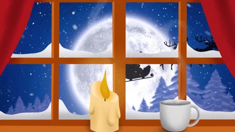 Animation-of-santa-claus-in-sleigh-with-reindeer-over-snow-falling-and-moon-seen-through-window