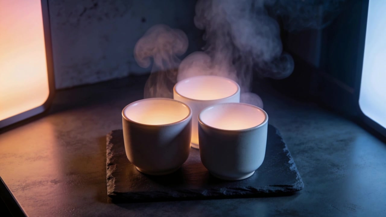 Trois tasses blanches dégageant une légère vapeur de liquide chaud, posées sur une ardoise, avec des panneaux orange et bleus