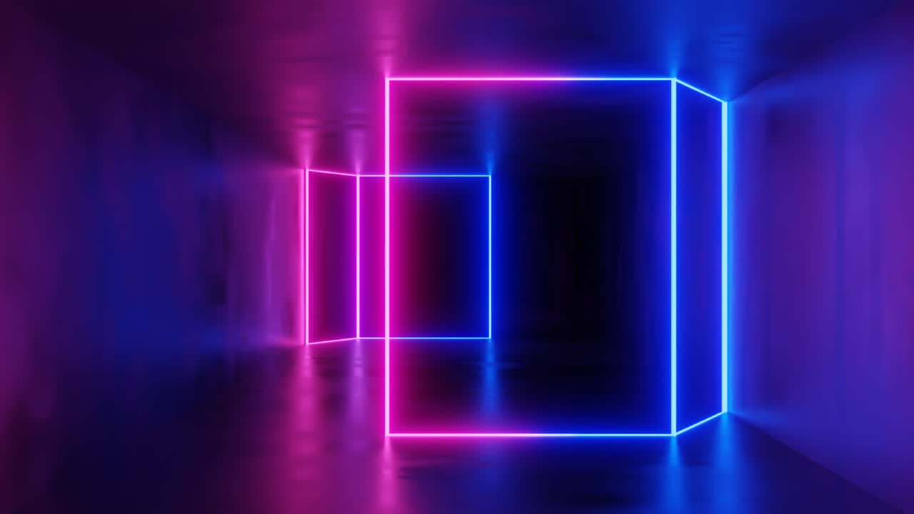 Rendering 3D. Visualizzazione fluida della trasformazione di una figura geometrica o di un cubo in un lungo tunnel in un bagliore al neon di colori blu e ultravioletti.
