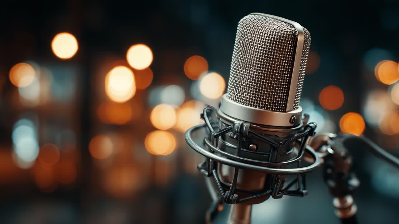 A Close-Up of a Professional Microphone Set Against a Dreamy Bokeh Background, Highlighting Its Intricate Design and Technical Features for Audio Recording Purposes