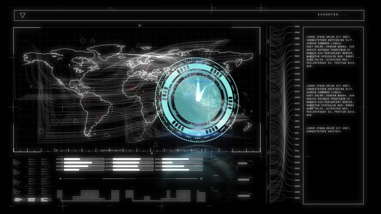 animación del escaneo del alcance con reloj sobre el procesamiento de datos sobre fondo negro