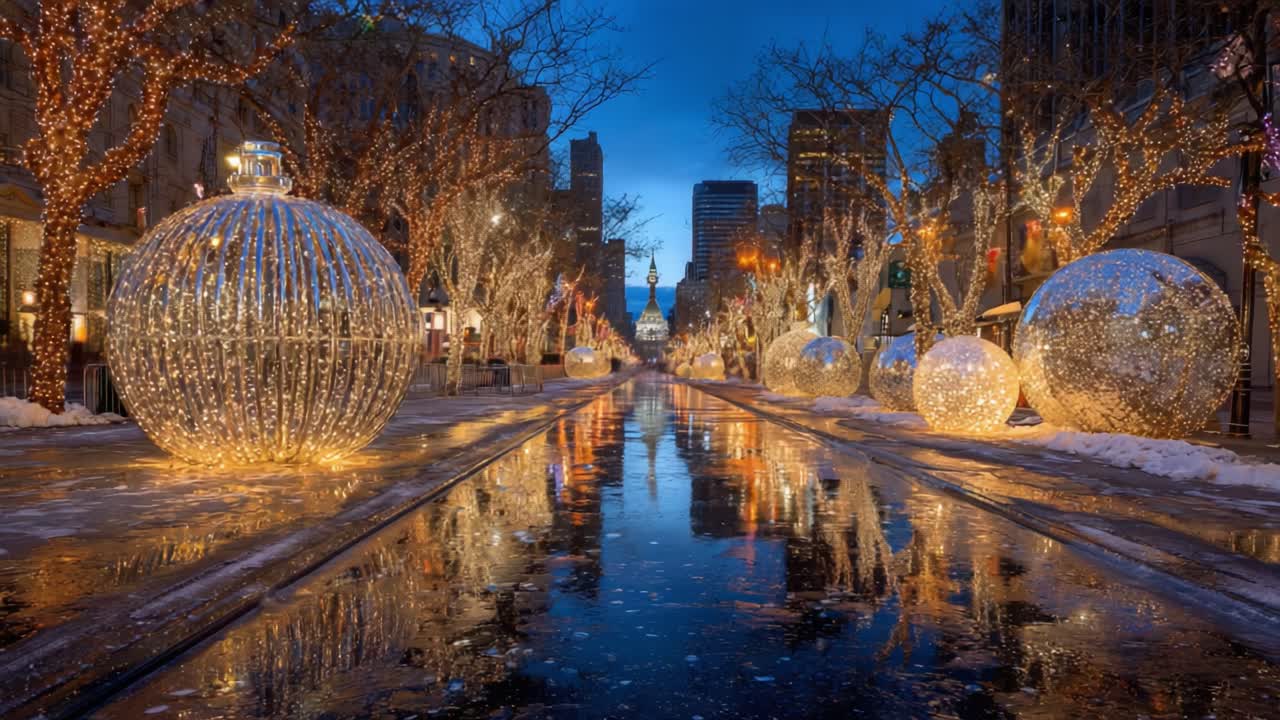 A Scenic Winter Wonderland: Glimmering Lights Reflect Off the Paved Walkway Amidst Giant Ornaments and Festive Trees in an Enchanting Urban Nightscape