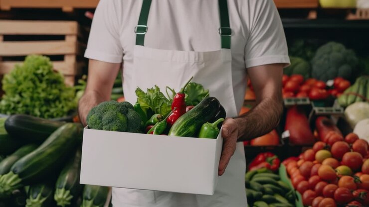 A mid-shot video captures a vendor holding a box of fresh vegetables