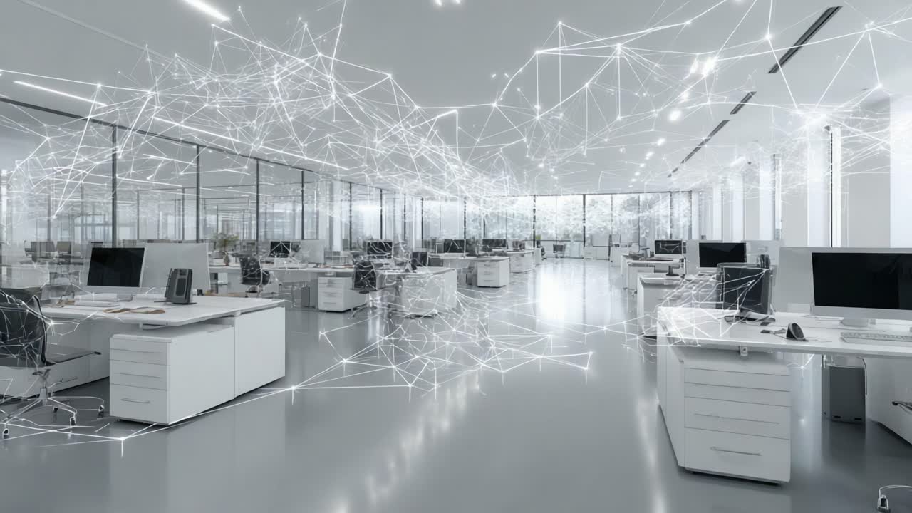 A Modern Office Space Enhanced by Digital Connectivity: Exploring the Fusion of Technology and Workspace Design in a Bright, Open Environment