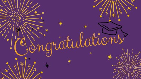 animation of fireworks and congratulations on purple background