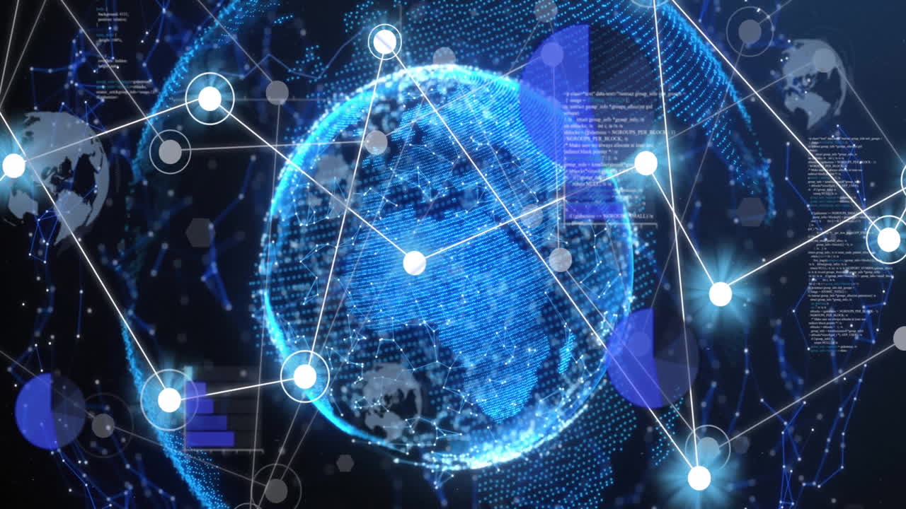 지구의 애니메이션과 검은 바탕의 디지털 데이터 처리