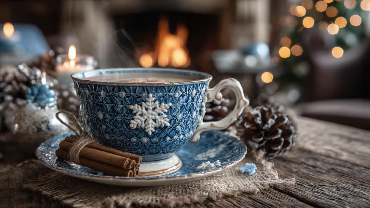 Warm Holiday Beverage in a Beautiful Decorative Cup Surrounded by Cozy Festive Atmosphere with Flickering Firelight and Sparkling Christmas Lights on Display