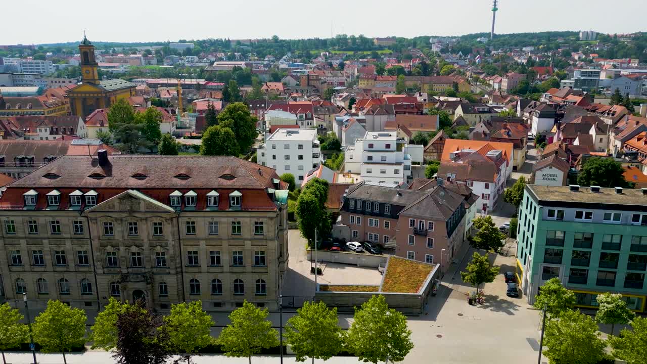 4K Aerial Drone Video of the Landgericht Courthouse and Promenade Outside the Town Wall of Downtown Ansbach, Germany